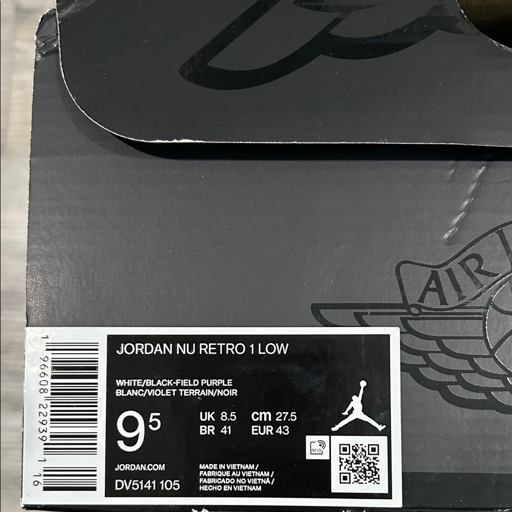 Jordan Nu Retro 1 Low in White, Black, and Purple